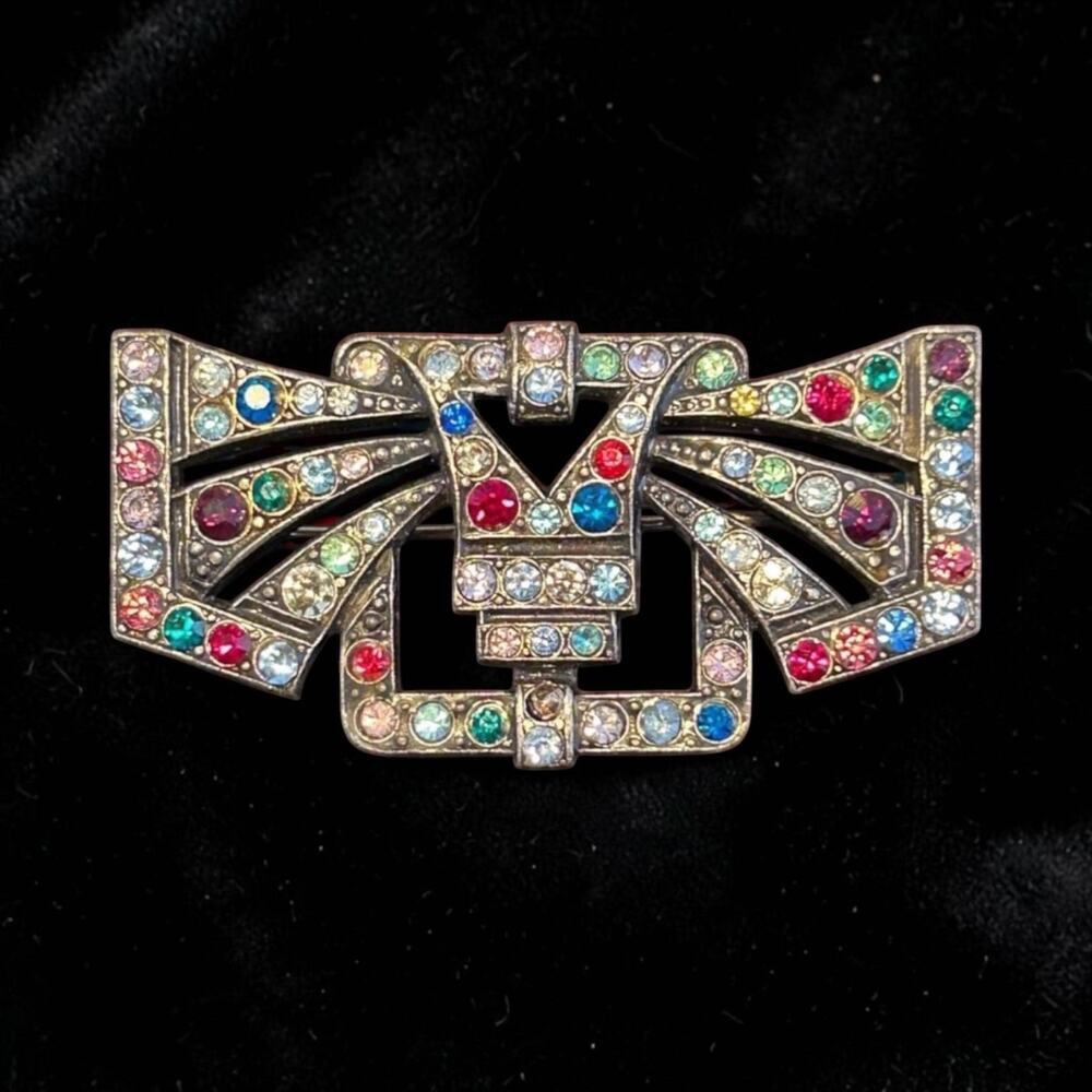 Art Deco Rhinestone Brooch Czech Glass Multicolor Stones Trombone Clasp 1920s